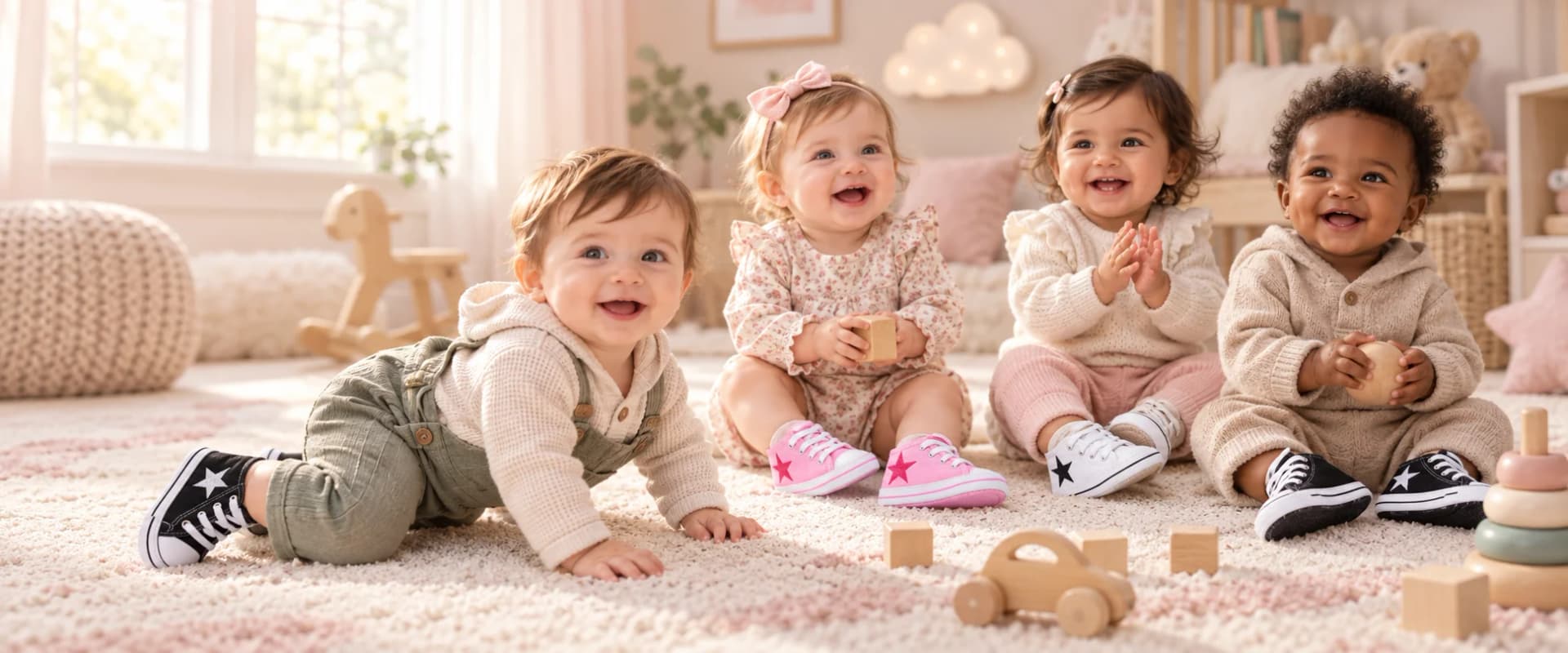 Quatro bebês sorrindo num tapete de quarto infantil, calçando sapatinhos BabyShoes