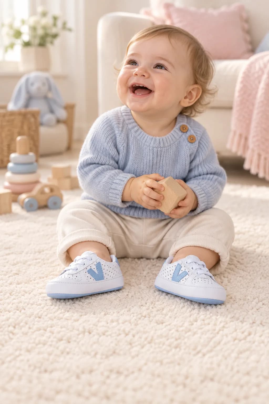 Bebê rindo sentado no tapete da sala com um bloquinho de madeira, calçando Vision Branco Azul Bebê
