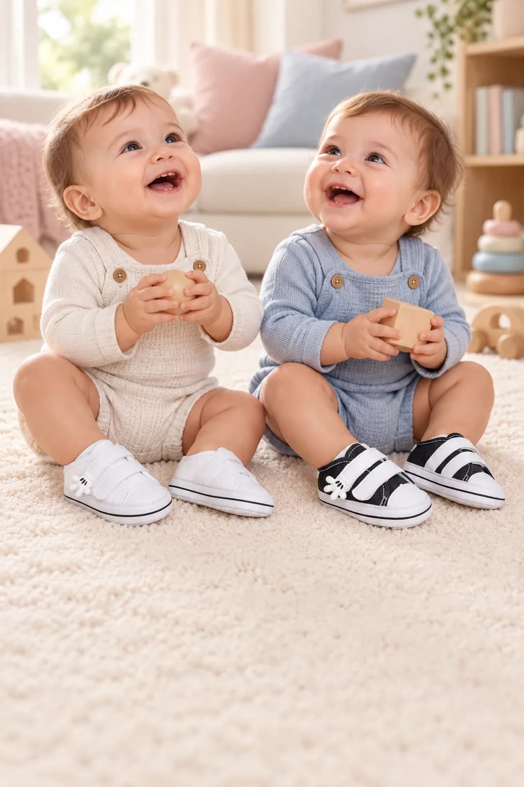 Dois bebês rindo lado a lado no tapete, um com Starzinho Velcro Branco e outro com Starzinho Velcro Preto