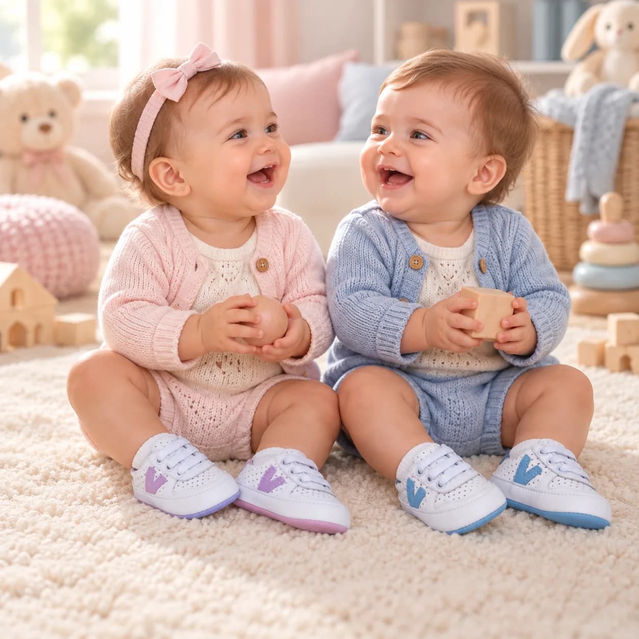 Bebês sorrindo no tapete, calçando sapatinhos BabyShoes